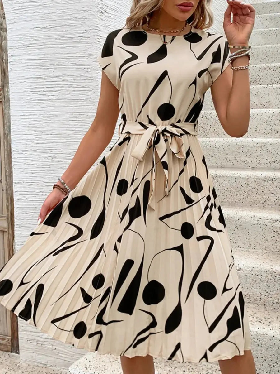 Perfee Tied Pleated Printed Cap Sleeve Dress for Women - Love Salve